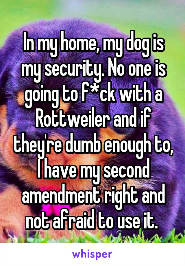 In my home, my dog is my security. No one is going to f*ck with a Rottweiler and if they're dumb enough to, I have my second amendment right and not afraid to use it. 