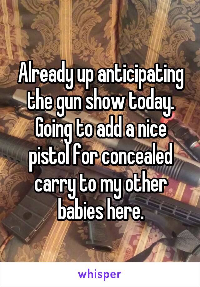 Already up anticipating the gun show today. Going to add a nice pistol for concealed carry to my other babies here.