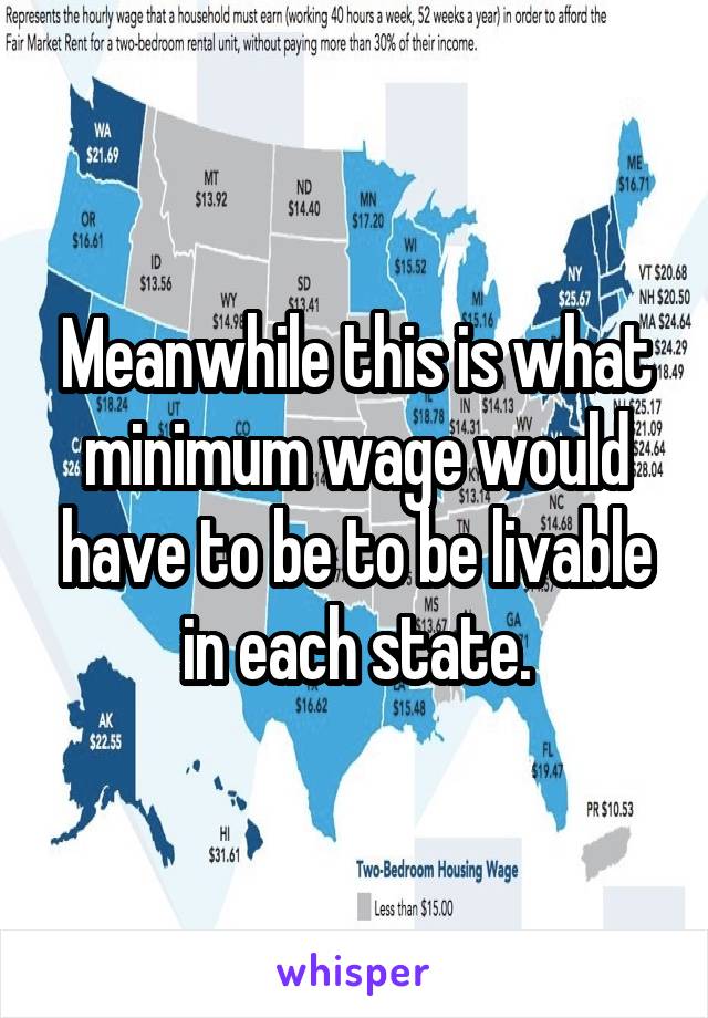 Meanwhile this is what minimum wage would have to be to be livable in each state.