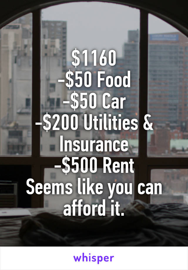 $1160
-$50 Food
-$50 Car
-$200 Utilities & Insurance
-$500 Rent
Seems like you can afford it.