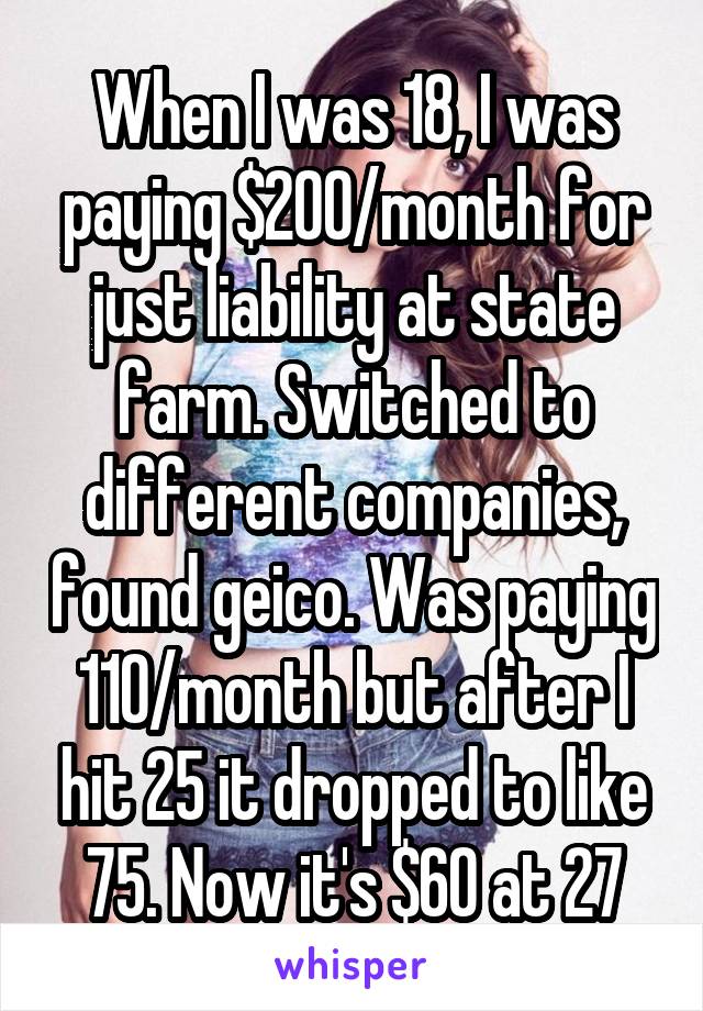 When I was 18, I was paying $200/month for just liability at state farm. Switched to different companies, found geico. Was paying 110/month but after I hit 25 it dropped to like 75. Now it's $60 at 27