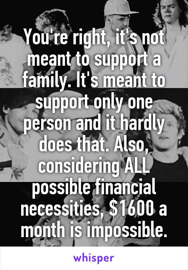 You're right, it's not meant to support a family. It's meant to support only one person and it hardly does that. Also, considering ALL possible financial necessities, $1600 a month is impossible.