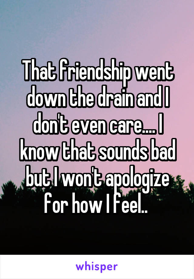 That friendship went down the drain and I don't even care.... I know that sounds bad but I won't apologize for how I feel.. 