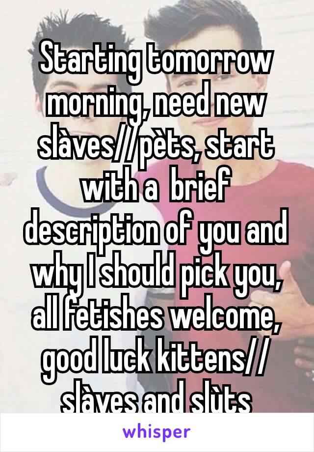 Starting tomorrow morning, need new slàves//pèts, start with a  brief description of you and why I should pick you, all fetishes welcome, good luck kittens//slàves and slùts