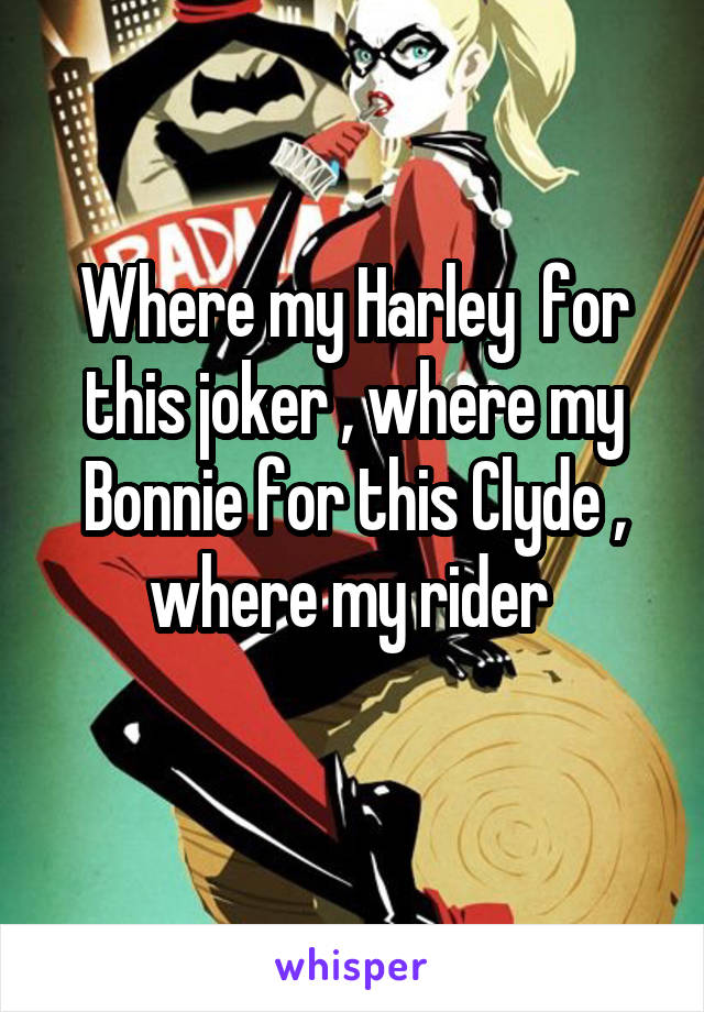 Where my Harley  for this joker , where my Bonnie for this Clyde , where my rider 
