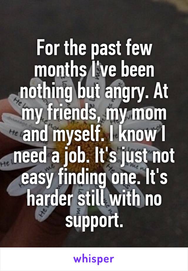 For the past few months I've been nothing but angry. At my friends, my mom and myself. I know I need a job. It's just not easy finding one. It's harder still with no support.