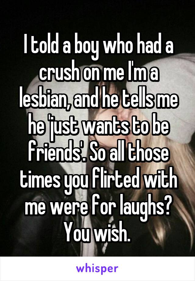 I told a boy who had a crush on me I'm a lesbian, and he tells me he 'just wants to be friends'. So all those times you flirted with me were for laughs? You wish. 