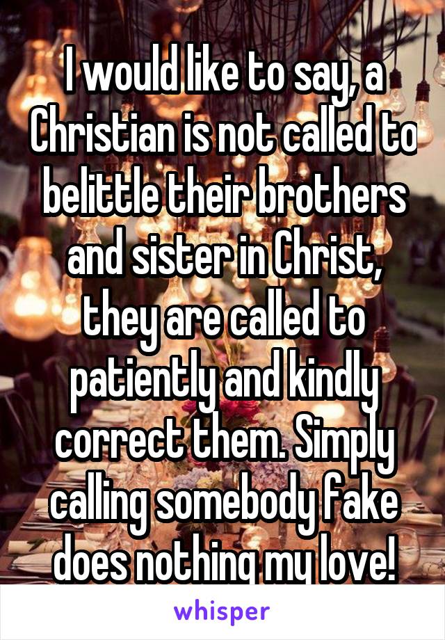 I would like to say, a Christian is not called to belittle their brothers and sister in Christ, they are called to patiently and kindly correct them. Simply calling somebody fake does nothing my love!