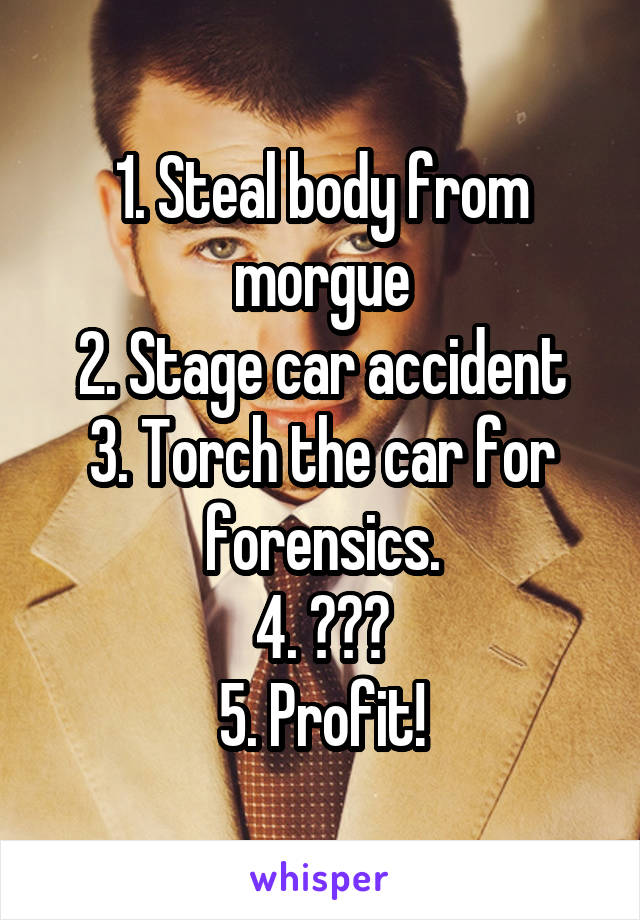 1. Steal body from morgue
2. Stage car accident
3. Torch the car for forensics.
4. ???
5. Profit!