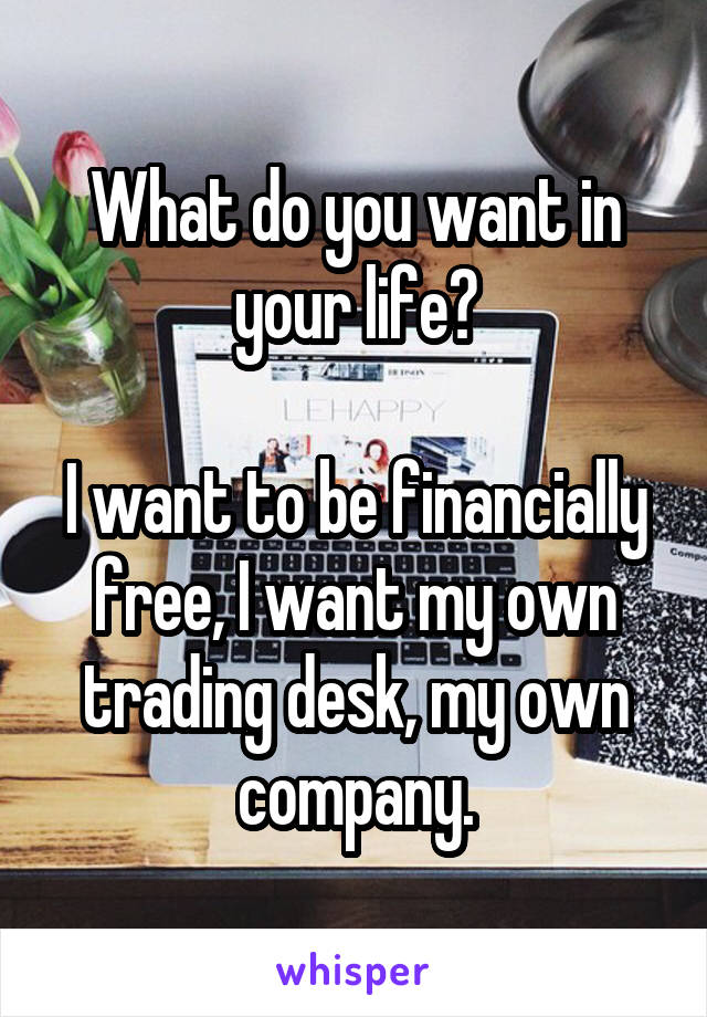 What do you want in your life?

I want to be financially free, I want my own trading desk, my own company.