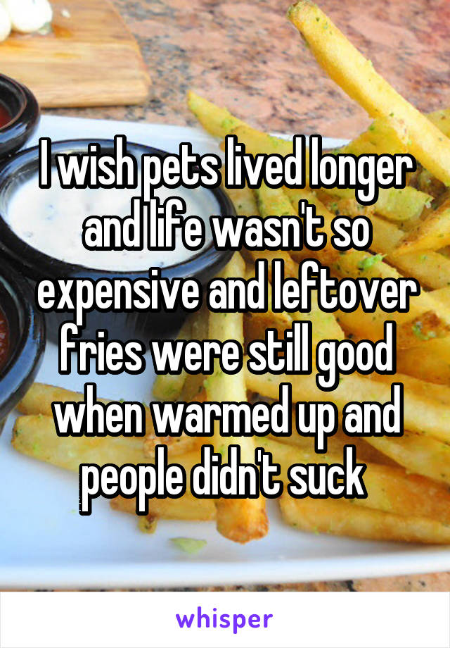 I wish pets lived longer and life wasn't so expensive and leftover fries were still good when warmed up and people didn't suck 