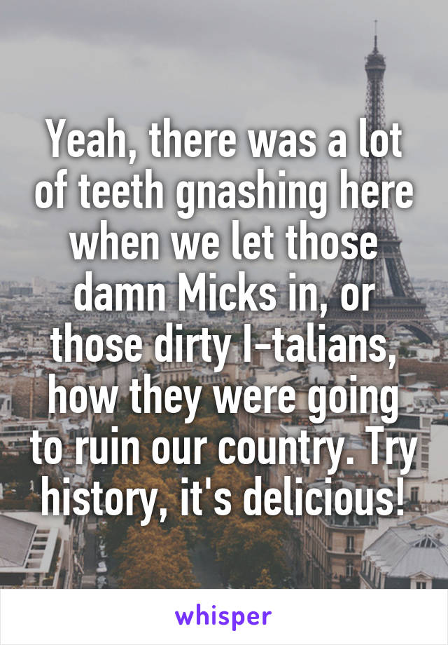 Yeah, there was a lot of teeth gnashing here when we let those damn Micks in, or those dirty I-talians, how they were going to ruin our country. Try history, it's delicious!