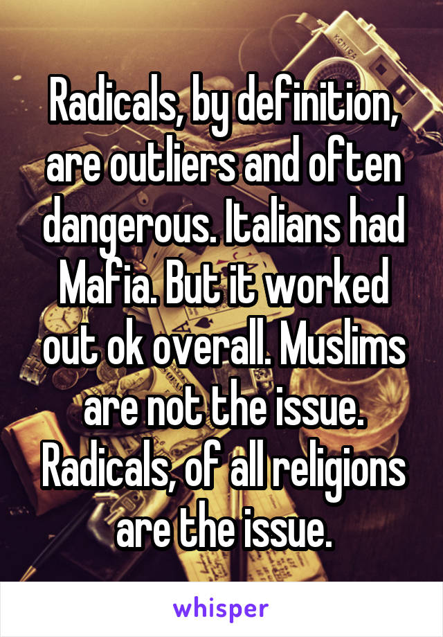 Radicals, by definition, are outliers and often dangerous. Italians had Mafia. But it worked out ok overall. Muslims are not the issue. Radicals, of all religions are the issue.