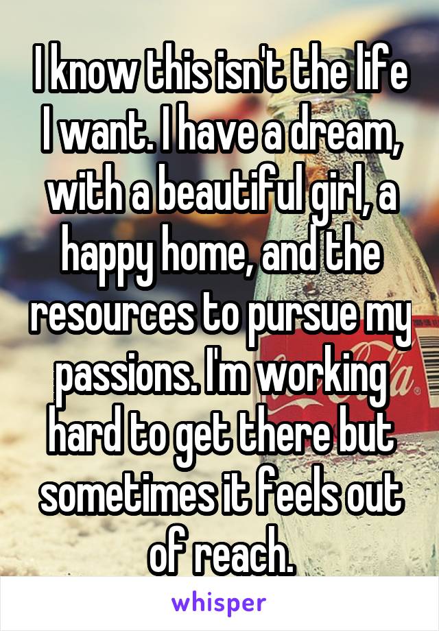 I know this isn't the life I want. I have a dream, with a beautiful girl, a happy home, and the resources to pursue my passions. I'm working hard to get there but sometimes it feels out of reach.