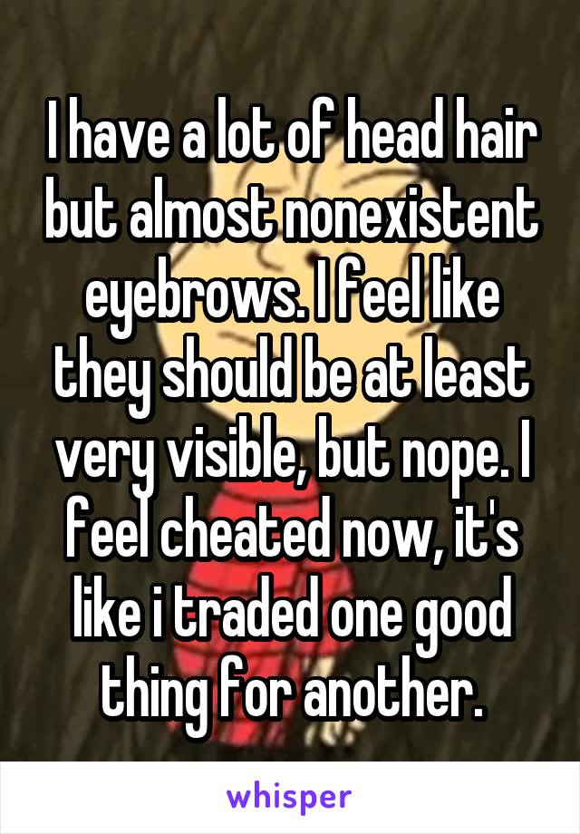 I have a lot of head hair but almost nonexistent eyebrows. I feel like they should be at least very visible, but nope. I feel cheated now, it's like i traded one good thing for another.