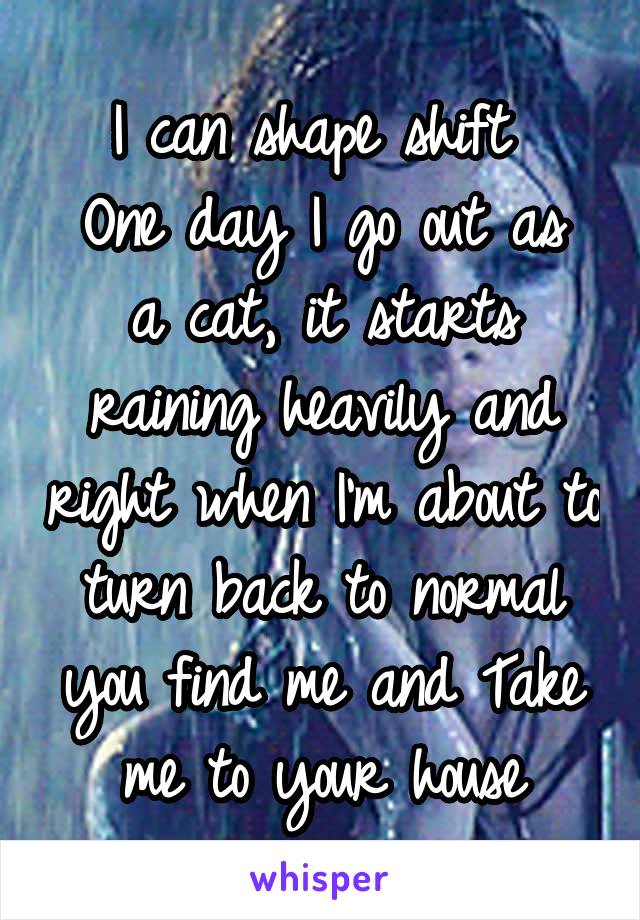 I can shape shift 
One day I go out as a cat, it starts raining heavily and right when I'm about to turn back to normal you find me and Take me to your house