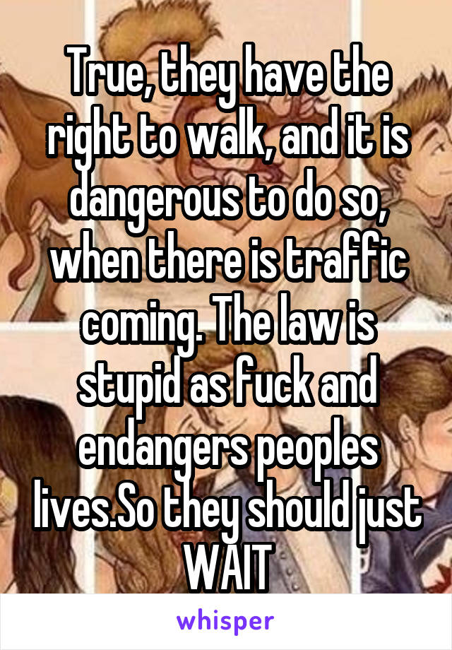 True, they have the right to walk, and it is dangerous to do so, when there is traffic coming. The law is stupid as fuck and endangers peoples lives.So they should just WAIT