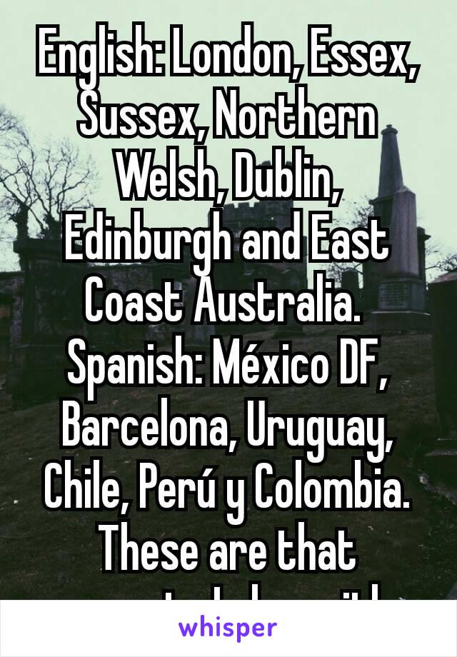 English: London, Essex, Sussex, Northern Welsh, Dublin, Edinburgh and East Coast Australia. 
Spanish: México DF, Barcelona, Uruguay, Chile, Perú y Colombia.
These are that accents I play with