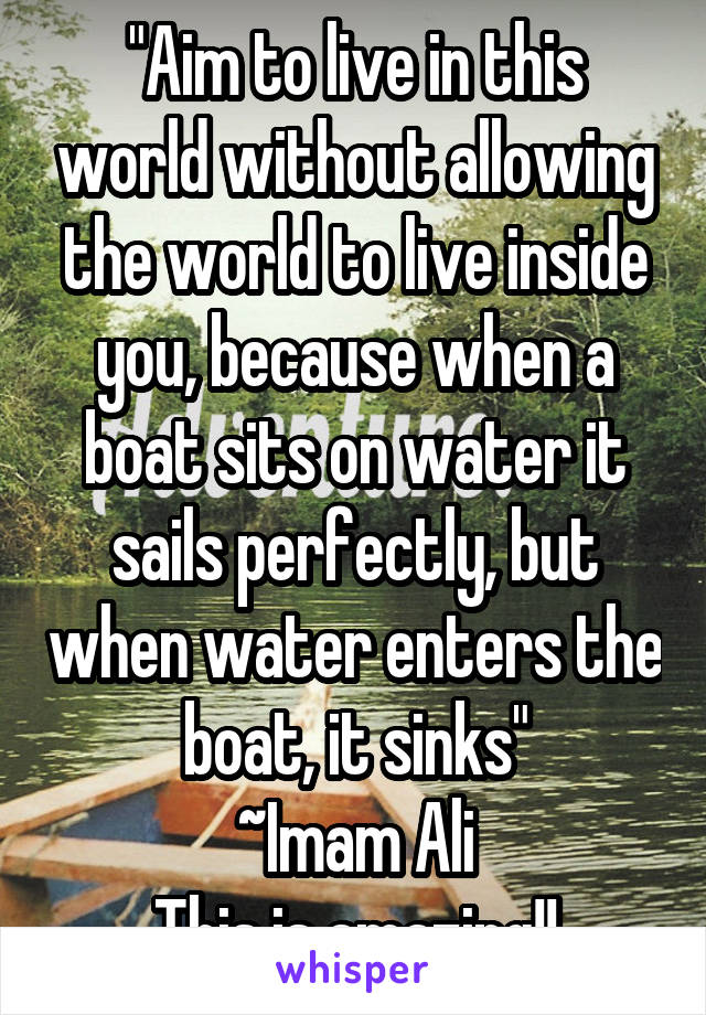 "Aim to live in this world without allowing the world to live inside you, because when a boat sits on water it sails perfectly, but when water enters the boat, it sinks"
~Imam Ali
This is amazing!!