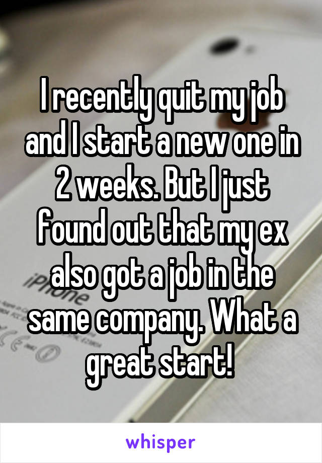 I recently quit my job and I start a new one in 2 weeks. But I just found out that my ex also got a job in the same company. What a great start! 