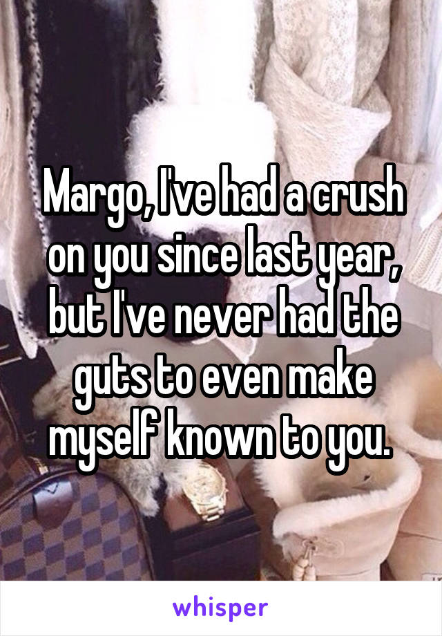 Margo, I've had a crush on you since last year, but I've never had the guts to even make myself known to you. 