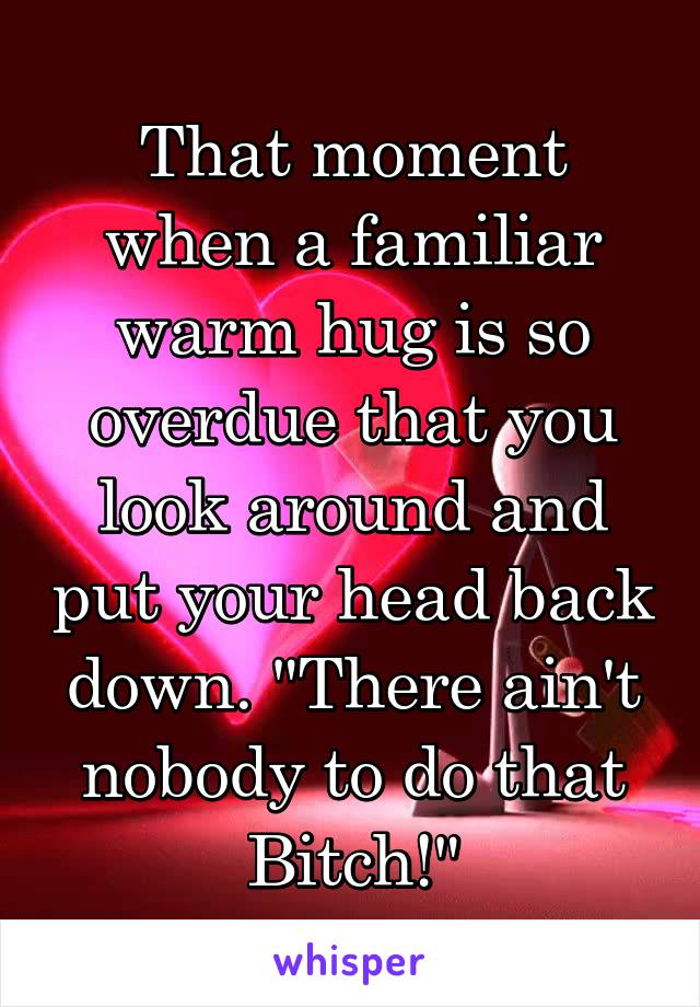 That moment when a familiar warm hug is so overdue that you look around and put your head back down. "There ain't nobody to do that Bitch!"