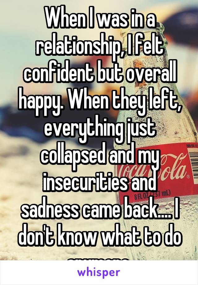 When I was in a relationship, I felt confident but overall happy. When they left, everything just collapsed and my insecurities and sadness came back.... I don't know what to do anymore 