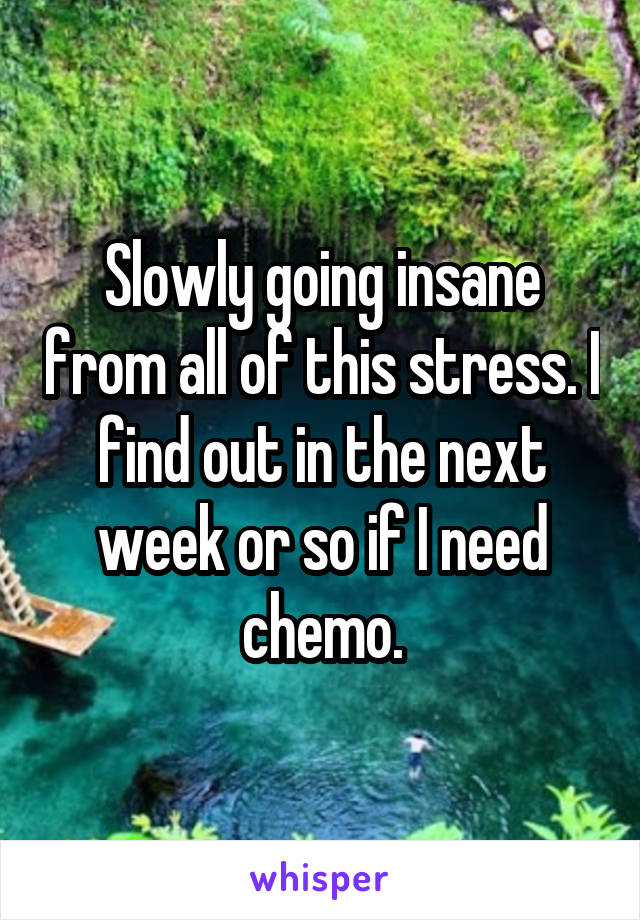 Slowly going insane from all of this stress. I find out in the next week or so if I need chemo.