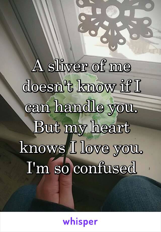 A sliver of me doesn't know if I can handle you. But my heart knows I love you. I'm so confused