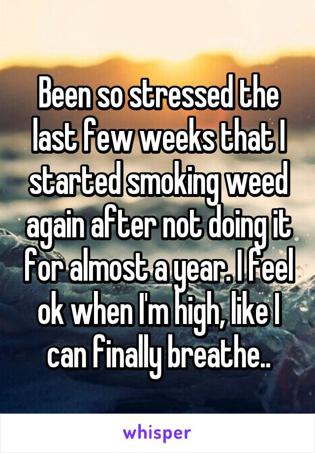 Been so stressed the last few weeks that I started smoking weed again after not doing it for almost a year. I feel ok when I'm high, like I can finally breathe..