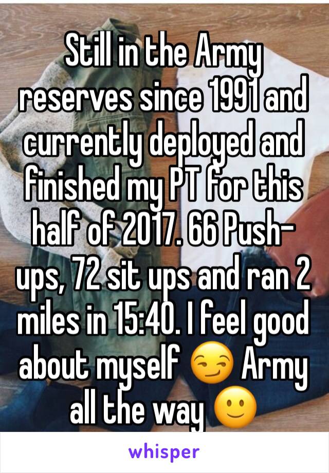 Still in the Army reserves since 1991 and currently deployed and finished my PT for this half of 2017. 66 Push-ups, 72 sit ups and ran 2 miles in 15:40. I feel good about myself 😏 Army all the way 🙂