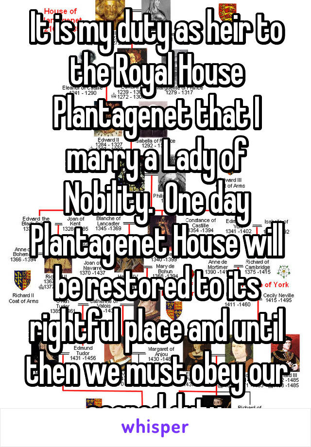 It is my duty as heir to the Royal House Plantagenet that I marry a Lady of Nobility.  One day Plantagenet House will be restored to its rightful place and until then we must obey our sacred duty.