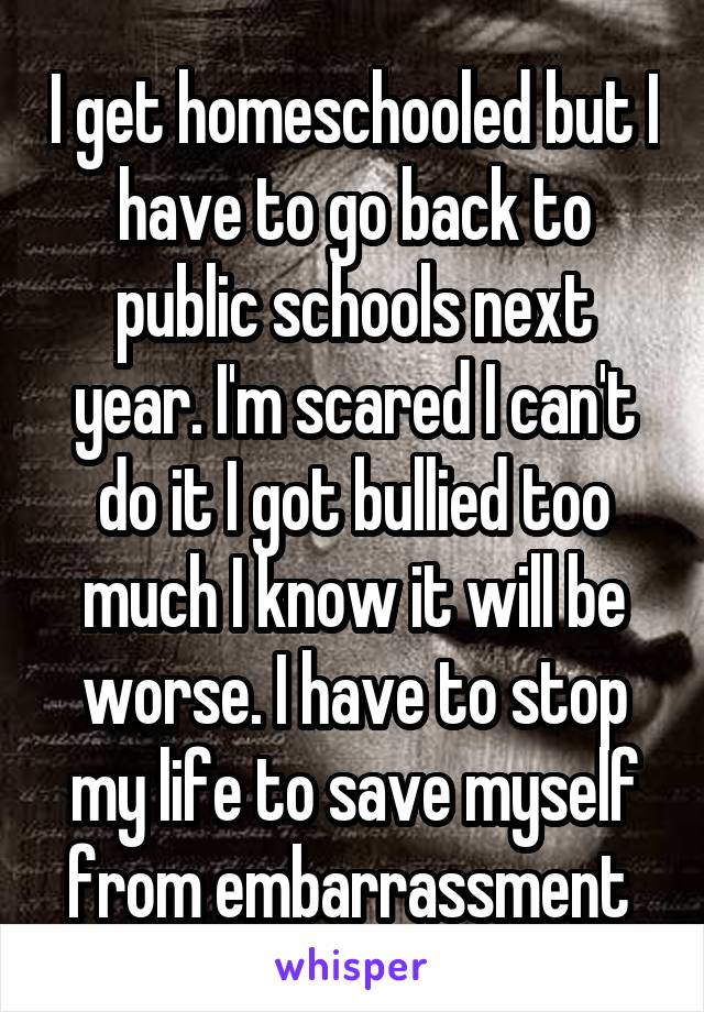 I get homeschooled but I have to go back to public schools next year. I'm scared I can't do it I got bullied too much I know it will be worse. I have to stop my life to save myself from embarrassment 