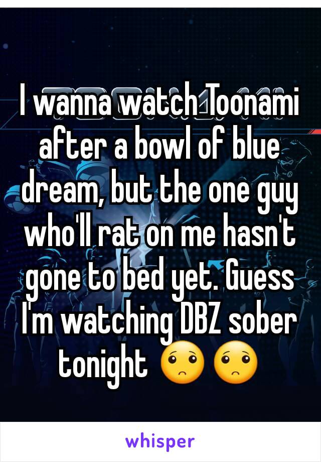 I wanna watch Toonami after a bowl of blue dream, but the one guy who'll rat on me hasn't gone to bed yet. Guess I'm watching DBZ sober tonight 🙁🙁