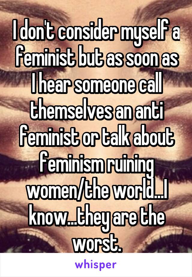 I don't consider myself a feminist but as soon as I hear someone call themselves an anti feminist or talk about feminism ruining women/the world...I know...they are the worst.