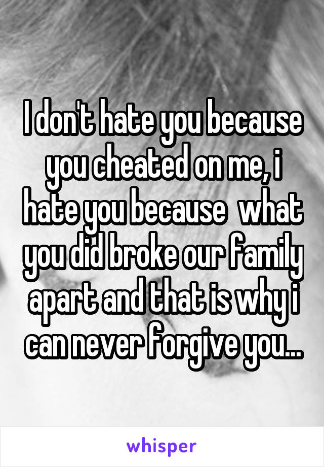 I don't hate you because you cheated on me, i hate you because  what you did broke our family apart and that is why i can never forgive you...