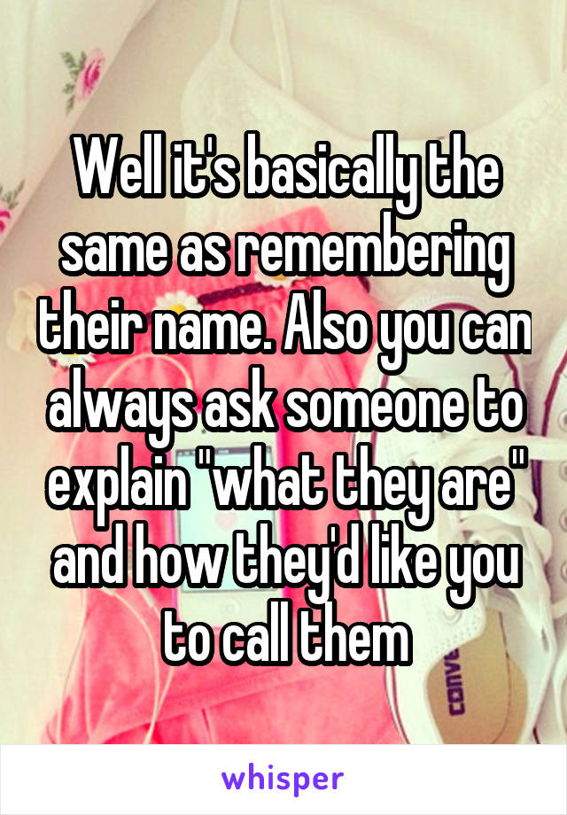 Well it's basically the same as remembering their name. Also you can always ask someone to explain "what they are" and how they'd like you to call them