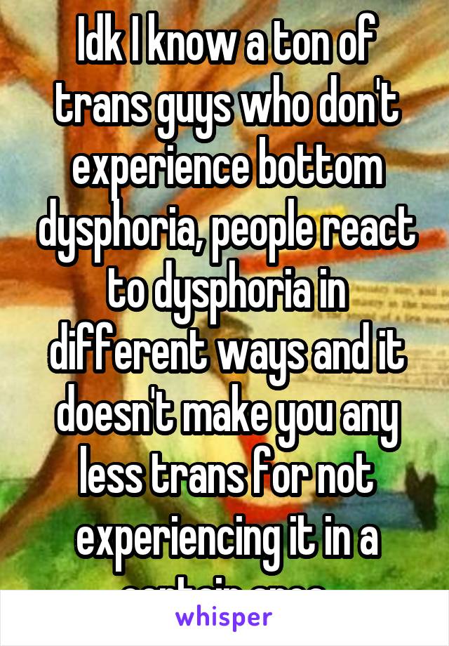 Idk I know a ton of trans guys who don't experience bottom dysphoria, people react to dysphoria in different ways and it doesn't make you any less trans for not experiencing it in a certain area 