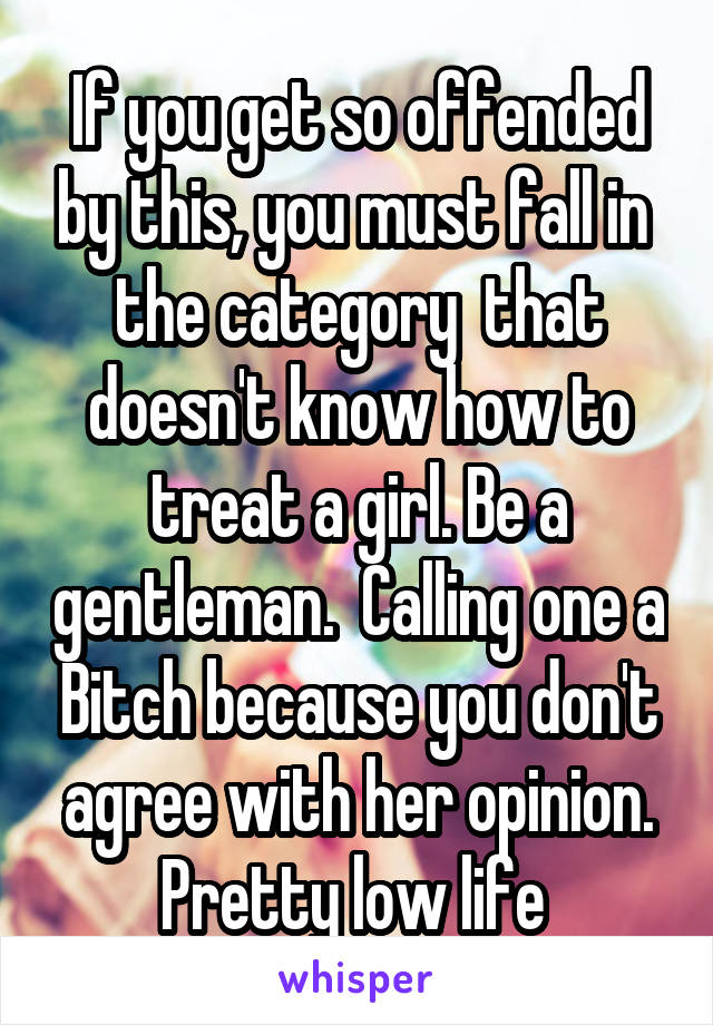 If you get so offended by this, you must fall in  the category  that doesn't know how to treat a girl. Be a gentleman.  Calling one a Bitch because you don't agree with her opinion. Pretty low life 