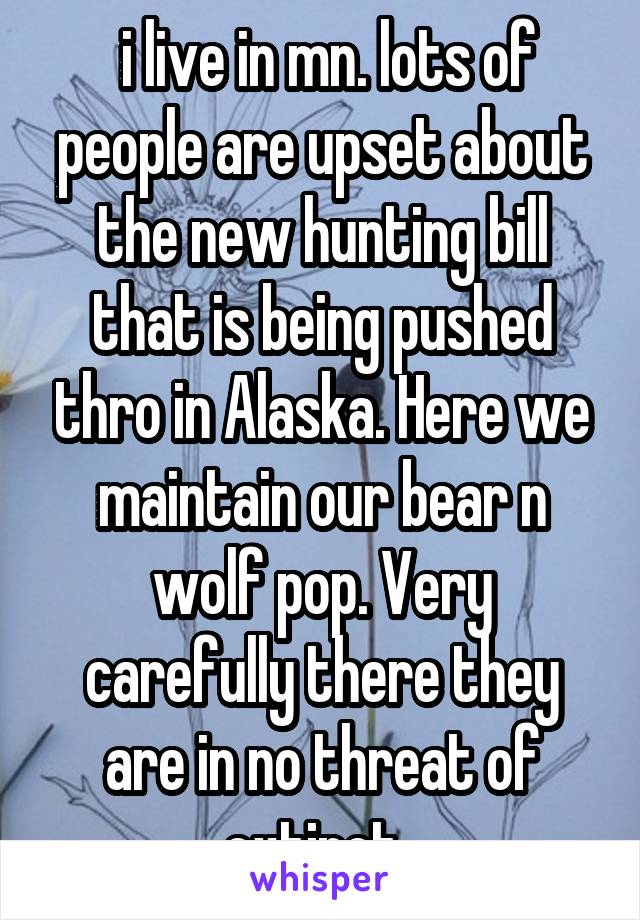  i live in mn. lots of people are upset about the new hunting bill that is being pushed thro in Alaska. Here we maintain our bear n wolf pop. Very carefully there they are in no threat of extinct. 