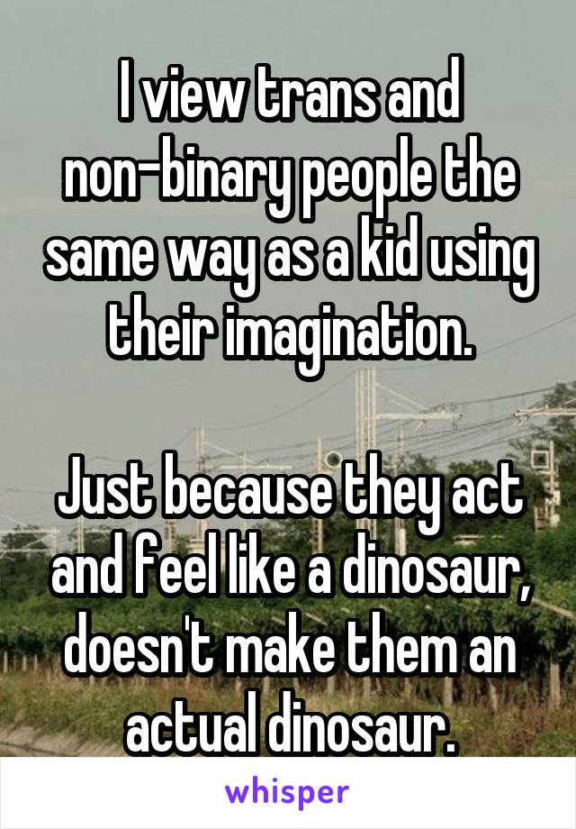 I view trans and non-binary people the same way as a kid using their imagination.

Just because they act and feel like a dinosaur, doesn't make them an actual dinosaur.