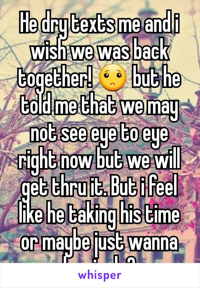 He dry texts me and i wish we was back together! 🙁 but he told me that we may not see eye to eye right now but we will get thru it. But i feel like he taking his time or maybe just wanna be single?