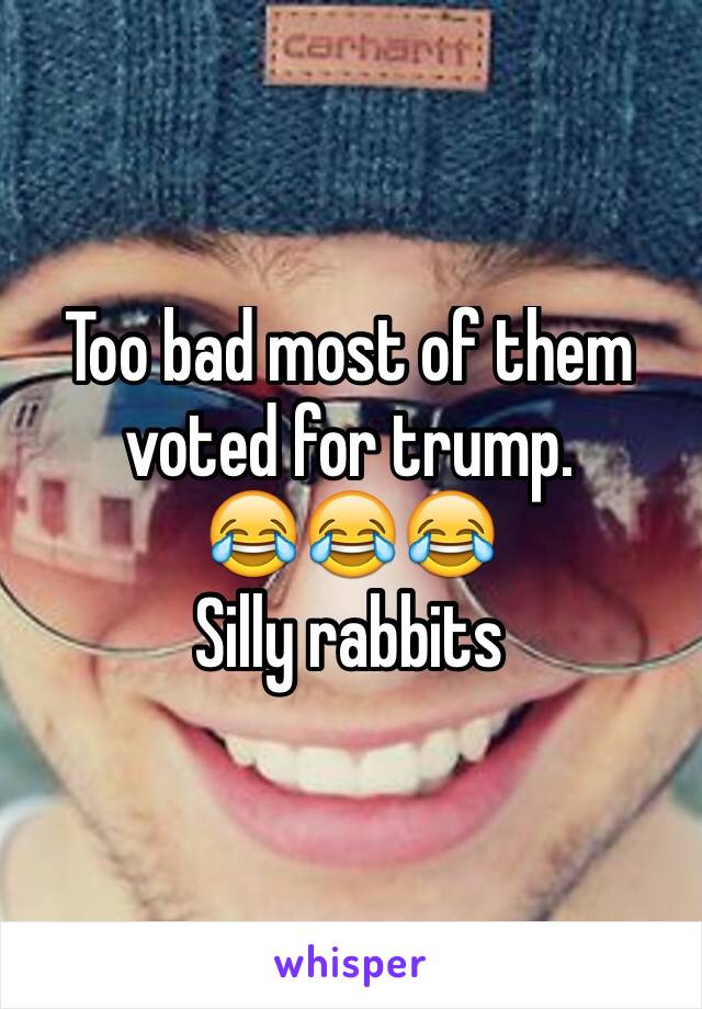 Too bad most of them voted for trump.
😂😂😂
Silly rabbits