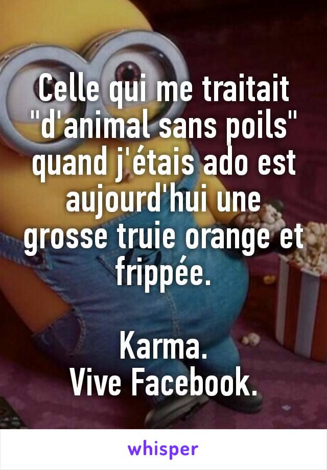 Celle qui me traitait "d'animal sans poils" quand j'étais ado est aujourd'hui une grosse truie orange et frippée.

Karma.
Vive Facebook.