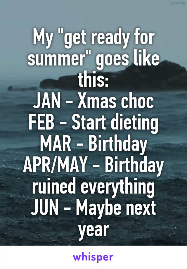 My "get ready for summer" goes like this:
JAN - Xmas choc
FEB - Start dieting
MAR - Birthday
APR/MAY - Birthday ruined everything
JUN - Maybe next year