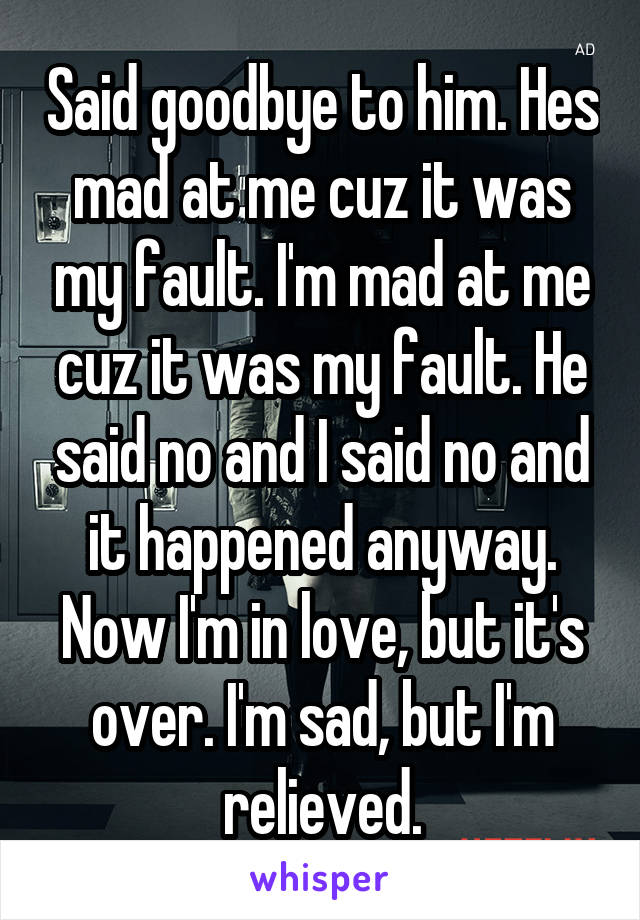 Said goodbye to him. Hes mad at me cuz it was my fault. I'm mad at me cuz it was my fault. He said no and I said no and it happened anyway. Now I'm in love, but it's over. I'm sad, but I'm relieved.