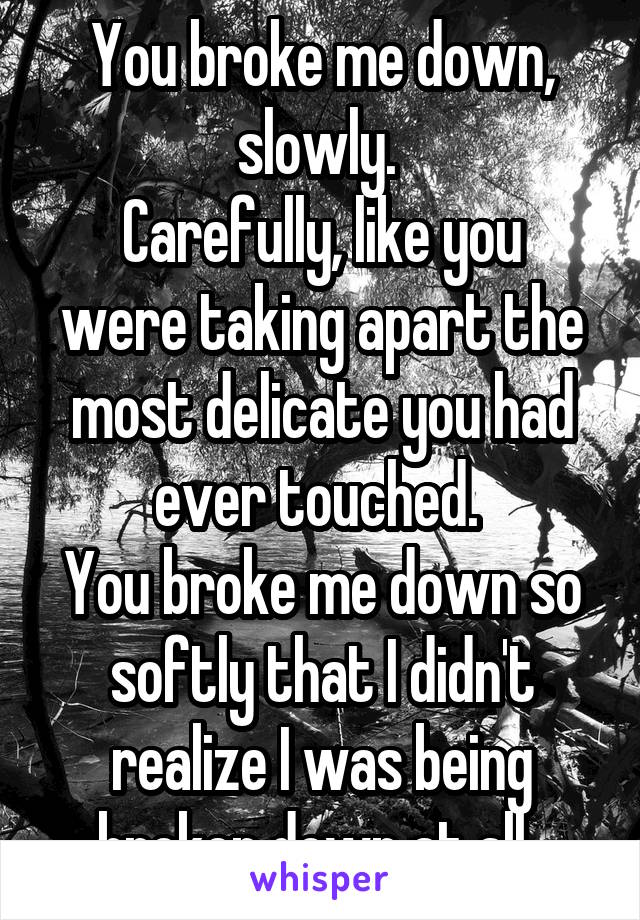 You broke me down, slowly. 
Carefully, like you were taking apart the most delicate you had ever touched. 
You broke me down so softly that I didn't realize I was being broken down at all. 