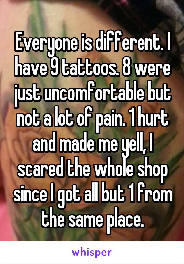 Everyone is different. I have 9 tattoos. 8 were just uncomfortable but not a lot of pain. 1 hurt and made me yell, I scared the whole shop since I got all but 1 from the same place.