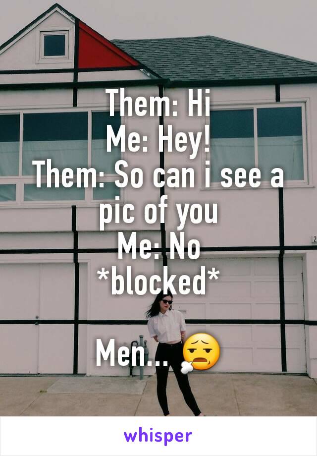 Them: Hi
Me: Hey!
Them: So can i see a pic of you
Me: No
*blocked*

Men... 😧