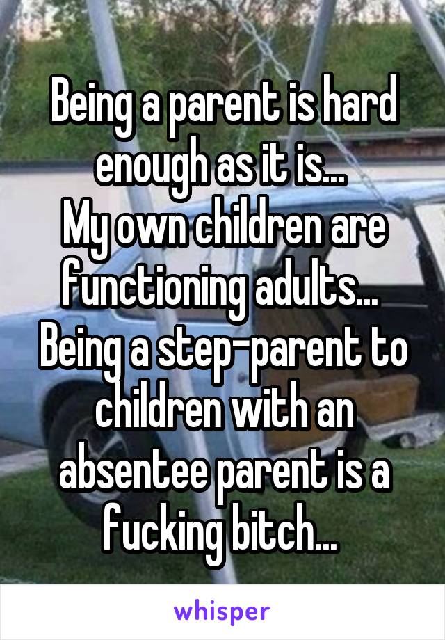 Being a parent is hard enough as it is... 
My own children are functioning adults... 
Being a step-parent to children with an absentee parent is a fucking bitch... 